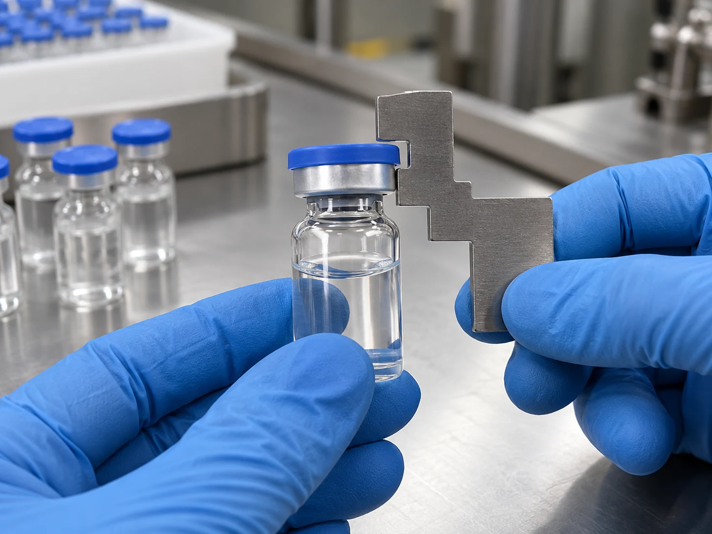 A sealed glass vial undergoing a closure fit inspection
