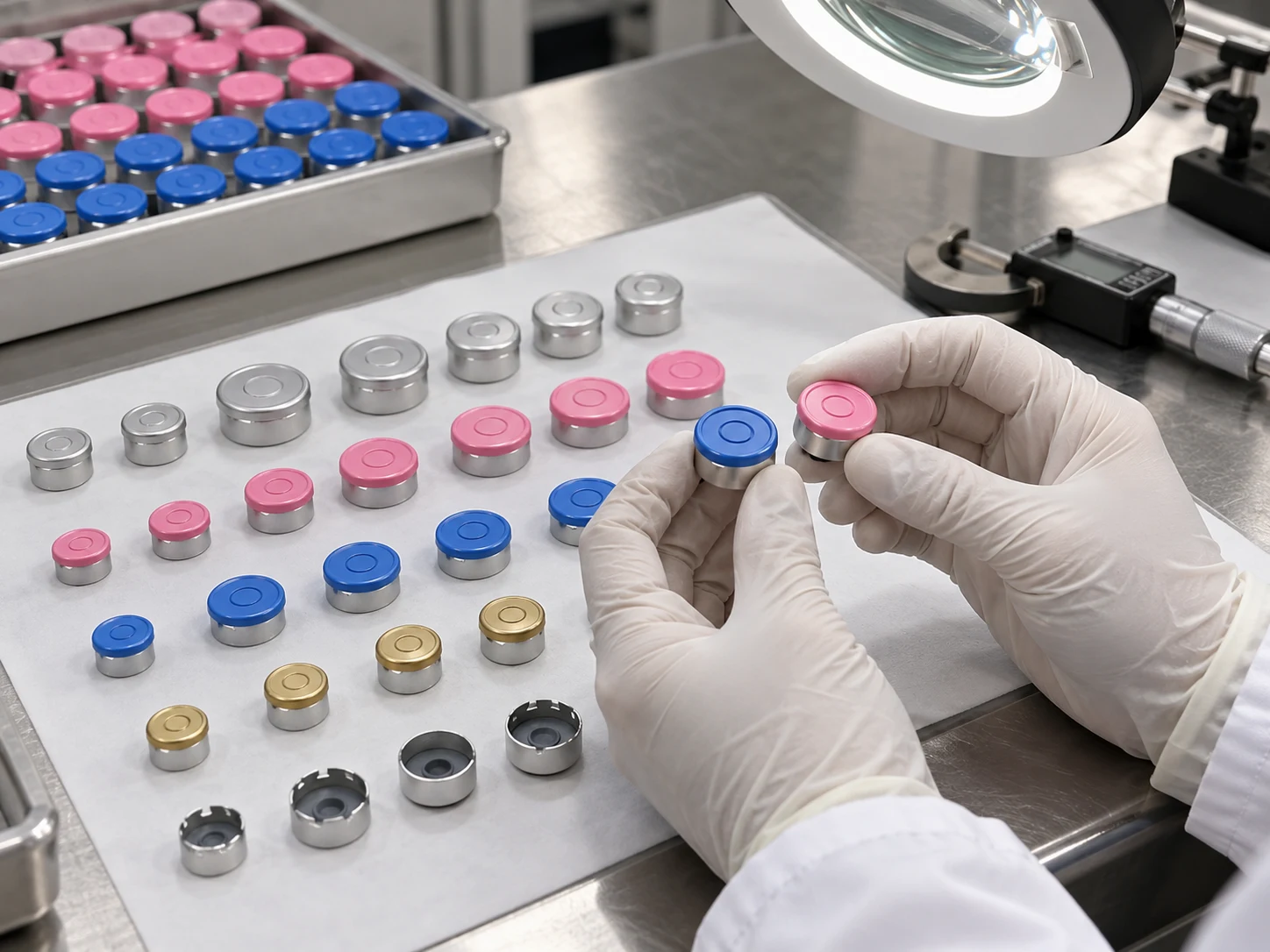 Flip-off aluminium seals being inspected at a quality bench